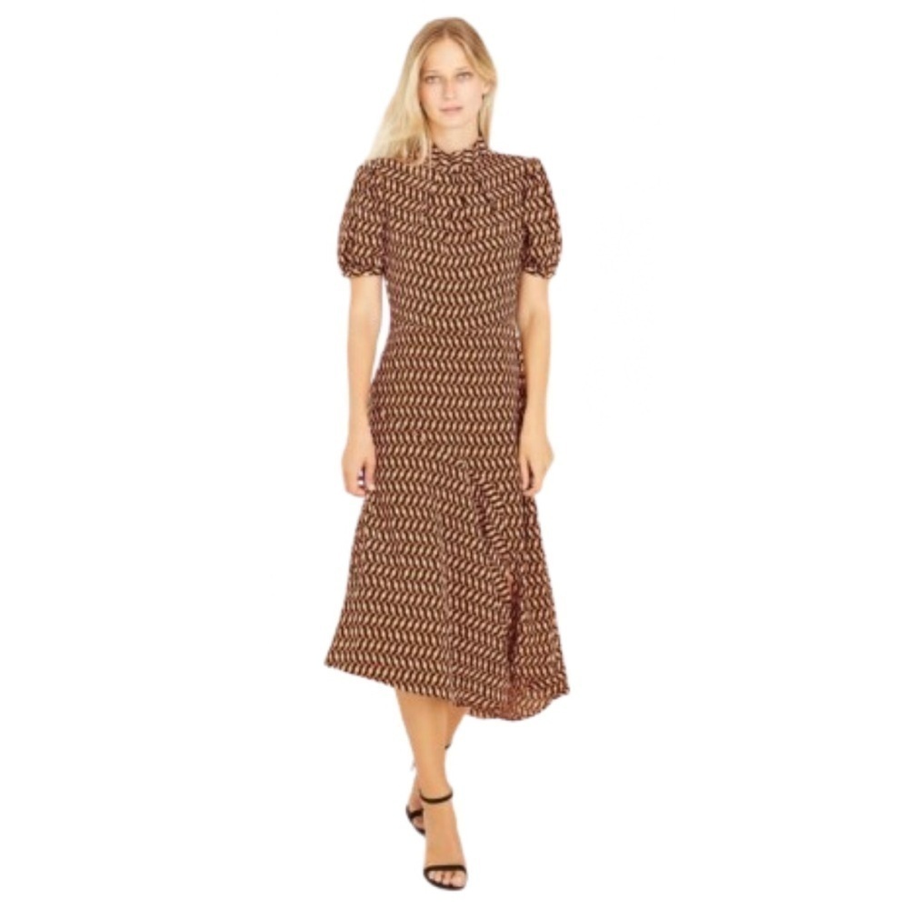 🆕 WHO WHAT WEAR Womens Geometric Print Puff Short Sleeve Tiered Ruffle Dress